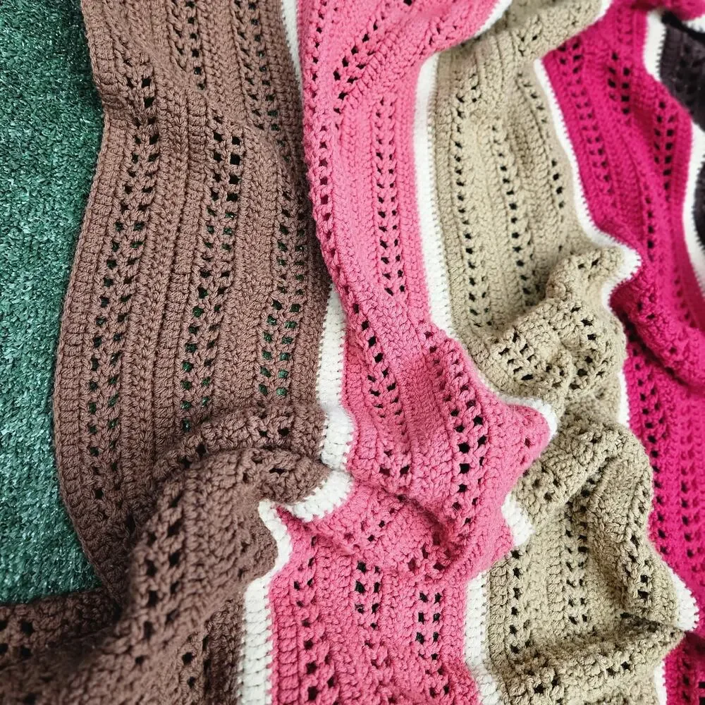 Vintage Striped Handmade Crochet Knit Blanket Afghan 72”x40”